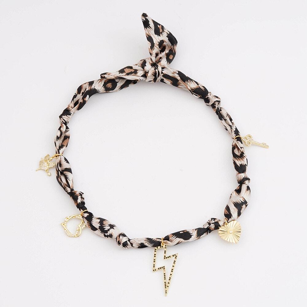 Leopard Print Scarf Necklace Lightning Bolt Charm Statement Necklace NIB